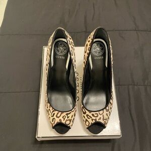 GUESS Leopard Peep-Toe Heels in Beige and Black